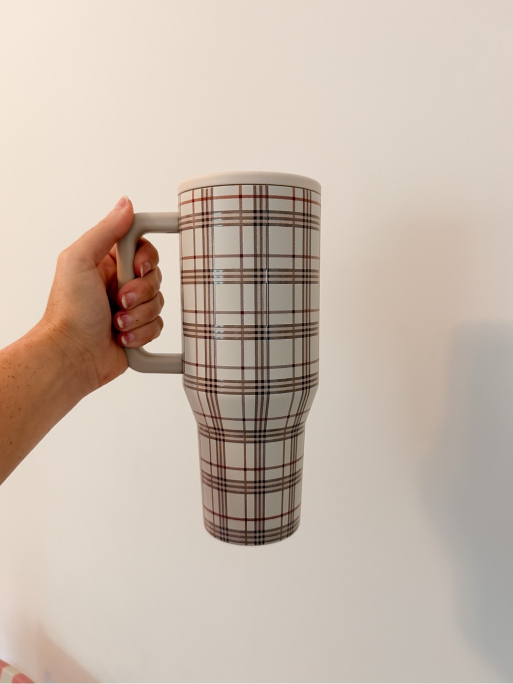 HydroJug Cream Plaid Travel Mug with Brown Accents